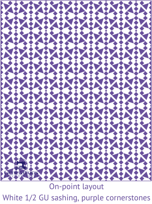 Diagonal block layout, white sashing that's 1/2 grid unit wide, and purple cornerstones Diagonal block layout, white sashing that's 1/2 grid unit wide, and purple cornerstones
