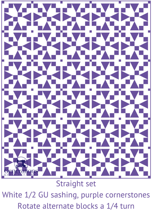 Straight set block layout, white 1/2 grid unit sashing, purple cornerstones, rotate every other block one quarter turn right Straight set block layout, white 1/2 grid unit sashing, purple cornerstones, rotate every other block one quarter turn right