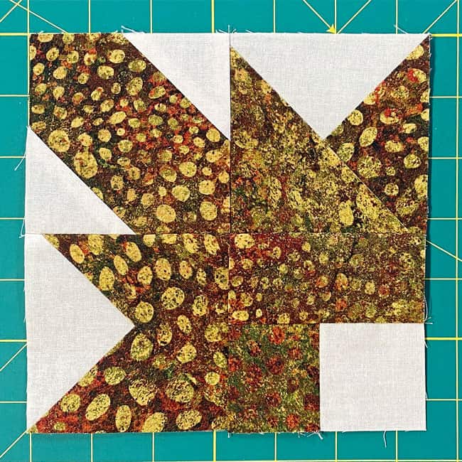 This finished Corner will go in the upper left corner of our sample Autumn Leaves block This finished Corner will go in the upper left corner of our sample Autumn Leaves block