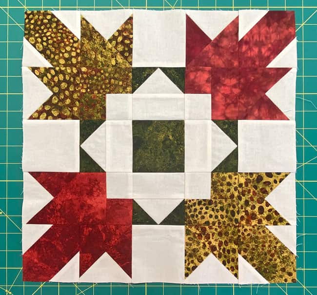 The completed sample Autumn Leaves quilt block