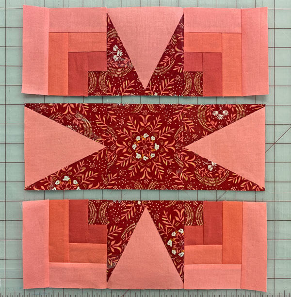 The rows of the Black Magic block are ready to stitch together The rows of the Black Magic block are ready to stitch together