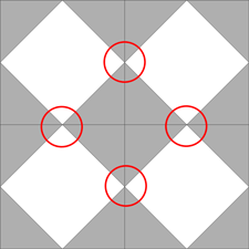 Broken Wheel quilt block with match points circled in red Broken Wheel quilt block with match points circled in red