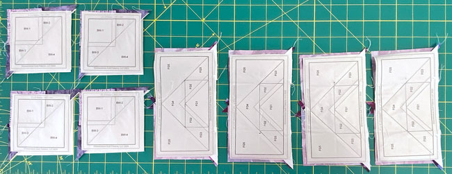 All the remaining paper pieced units laid out, ready to trim All the remaining paper pieced units laid out, ready to trim