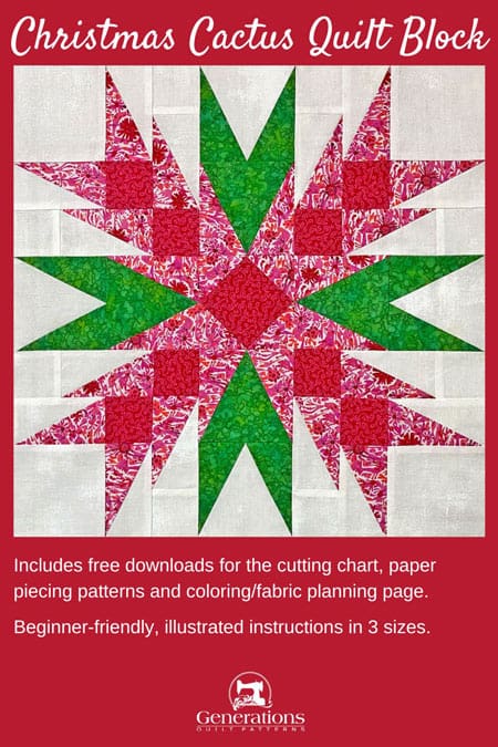 Pin the Christmas Cactus quilt block tutorial for later