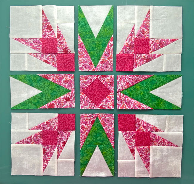 Arrange the units into the Christmas Cactus design, Bac patches all on the outside edges Arrange the units into the Christmas Cactus design, Bac patches all on the outside edges