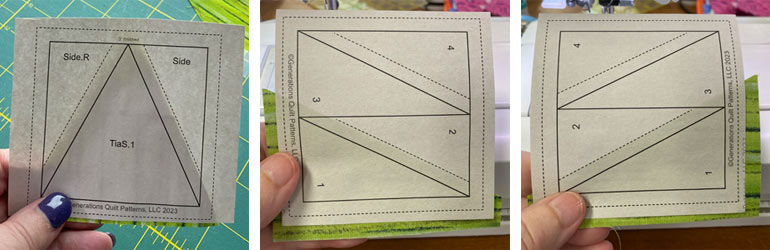 Use a dot of glue stick to hold the #1 and TiaS.1 patches in place on their respective paper piecing pattern