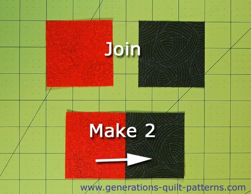 Sew a #1 and #2 square together, press the SA to the darker fabric