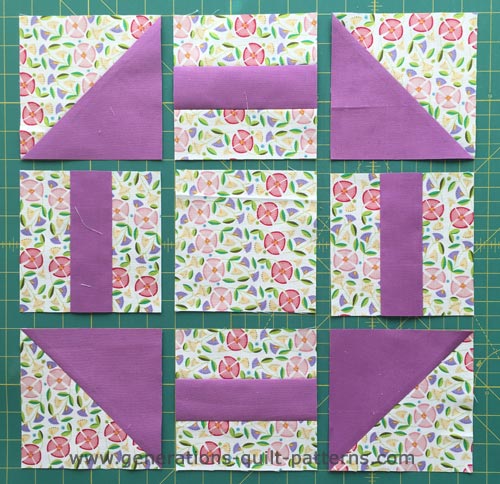 Arrange the cut and sewn units into the Crow's Nest design Arrange the cut and sewn units into the Crow's Nest design