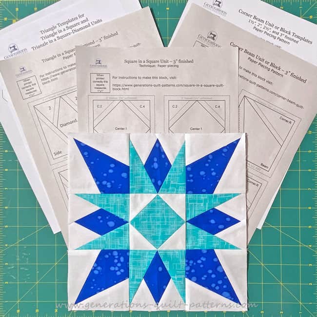 The patterns and templates downloaded for our 9" sample block The patterns and templates downloaded for our 9" sample block
