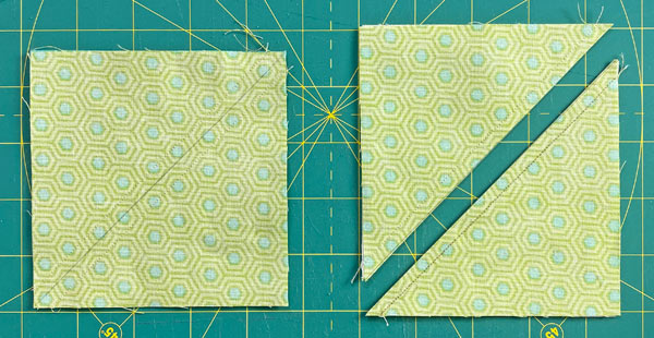 Pressed and sewn squares (left), cut in half (right) Pressed and sewn squares (left), cut in half (right)