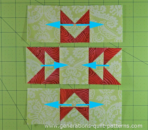 Press seam allowances in the direction of the arrows, away from the Flying Geese units