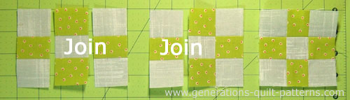 Stitch the nine patches. Stitch the nine patches.