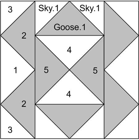 The Fool's Puzzle quilt block design in grayscale including patch numbers The Fool's Puzzle quilt block design in grayscale including patch numbers