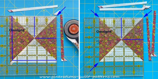 Trim the quarter square triangle unit to the perfect size Trim the quarter square triangle unit to the perfect size