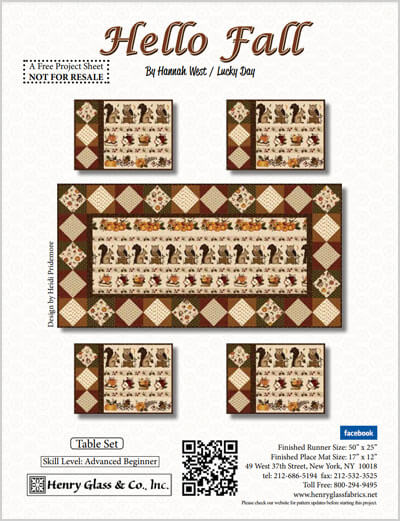 Complimentary pattern, Hello Fall Table Set, by Hannah West from Henry Glass Fabrics