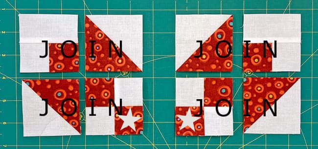 Arrange two HSTs, one 4-patch and a #3/#4/#5 unit into the mirror image designs for the corners Arrange two HSTs, one 4-patch and a #3/#4/#5 unit into the mirror image designs for the corners