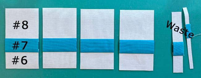 Subcut the #6/#7/#8 strip set into four patches Subcut the #6/#7/#8 strip set into four patches