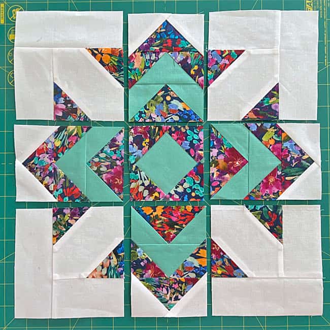 The units arranged into the God's Eye quilt block design The units arranged into the God's Eye quilt block design