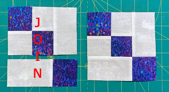 Stitch a #3/#4 to the bottom of the 4-patch/#3 unit Stitch a #3/#4 to the bottom of the 4-patch/#3 unit