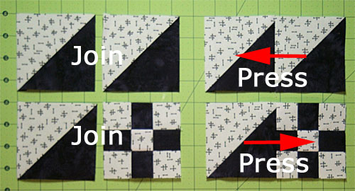Construct the corner units from half square triangles and Rail Fence units.