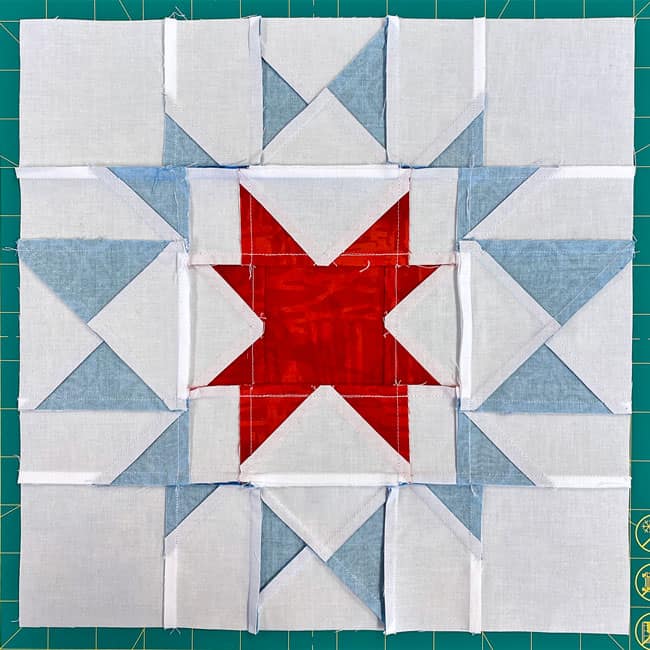 The backside of the sample Green Mountain Star quilt block The backside of the sample Green Mountain Star quilt block