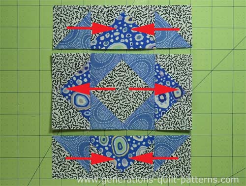 After stitching the units in each row together, press the SA in the direction of the arrows