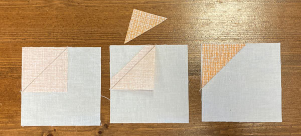Sewing (left), trimming (center), and a finished Corner unit Sewing (left), trimming (center), and a finished Corner unit