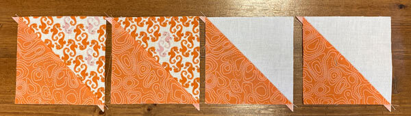 All four half square triangles ready to be turned into QST All four half square triangles ready to be turned into QST