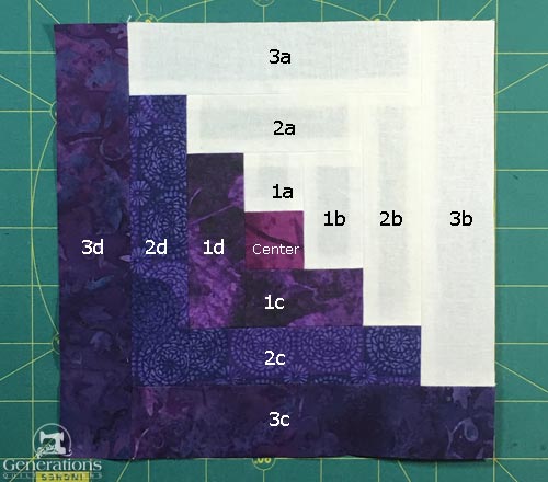 Log Cabin block with 3 rounds