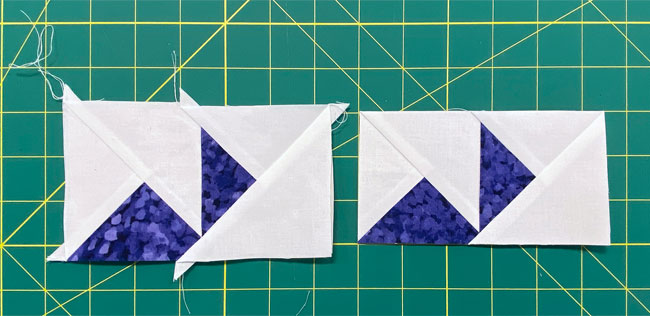 An untrimmed half of the center pinwheel (left) and after trimming (right) An untrimmed half of the center pinwheel (left) and after trimming (right)