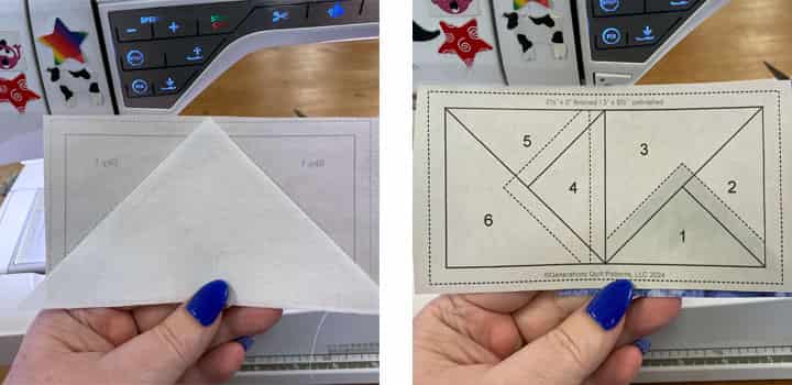 Position the first patch on the 3PQST and FG paper piecing patterns