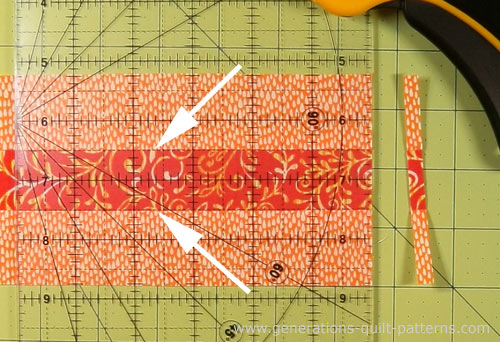 Straighten one short edge of each strip set Straighten one short edge of each strip set