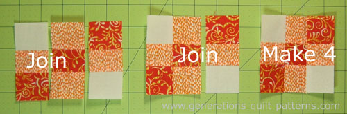 Arrange the subcuts for stitching into a nine patch. Arrange the subcuts for stitching into a nine patch.