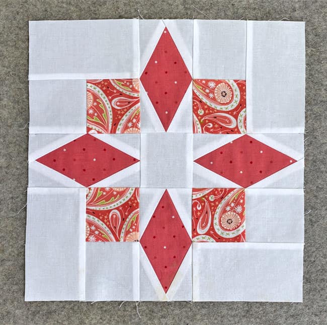 Our finished Nine Patch Star quilt block from the front side Our finished Nine Patch Star quilt block from the front side