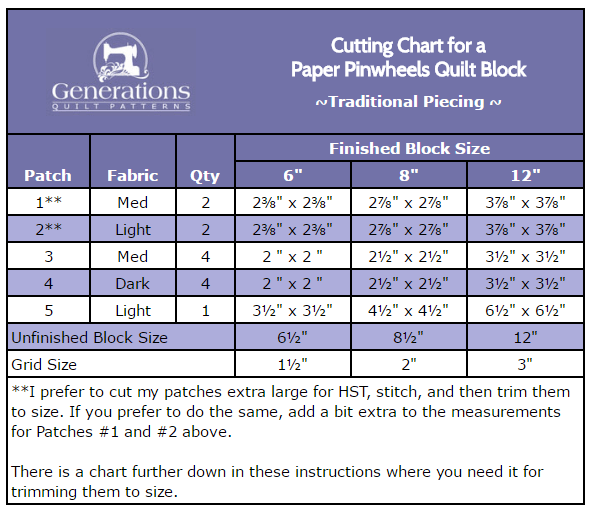 Pinwheel Block Size Chart