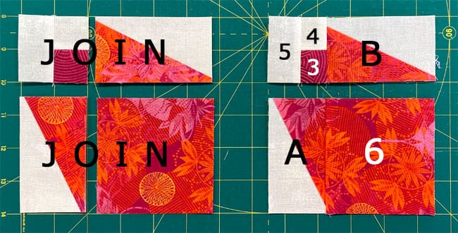 The stamen, HSTs and cut square arranged into the block design