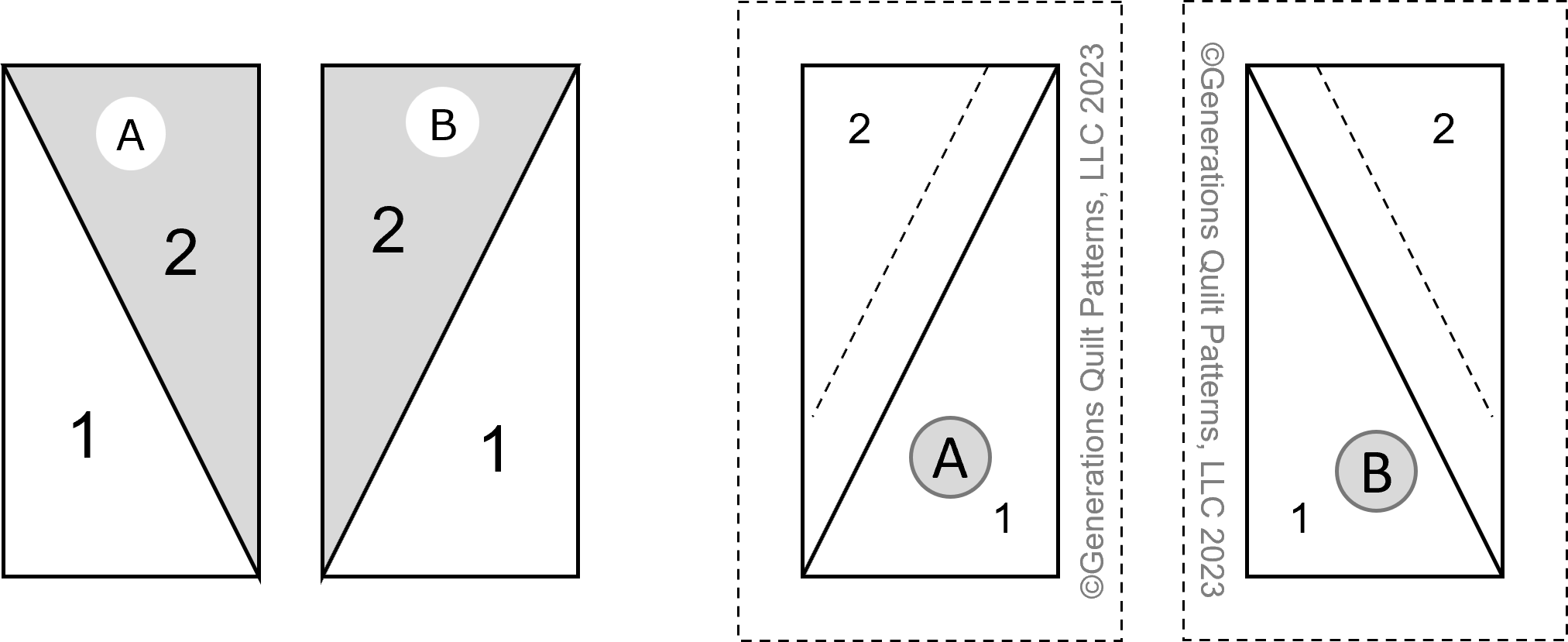 Half Rectangle Triangle units, A & B, from fabric side (left) and pattern side (right)
