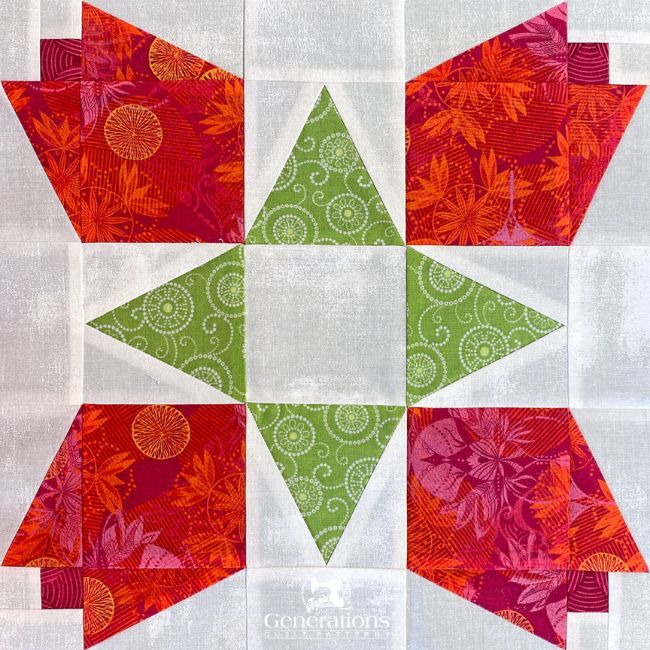 A finished Pink Magnolias quilt block