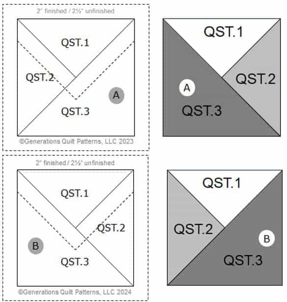A&B Quarter Square Triangle units, pattern side vs fabric side
