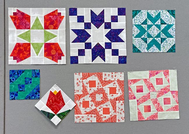 Sample blocks stitched at my monthly sew-in at the Quilt Barm