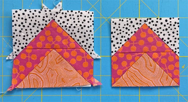 An untrimmed Flying Geese Pair untrimmed (left), and trimmed (right) An untrimmed Flying Geese Pair untrimmed (left), and trimmed (right)