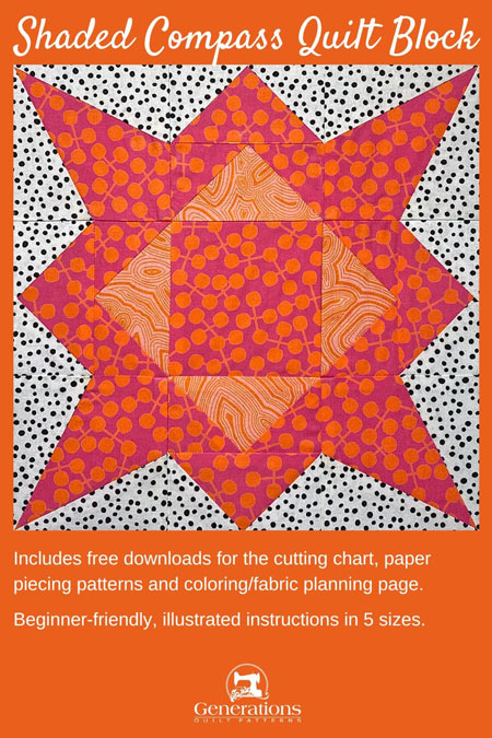 Pin the Shaded Compass quilt block tutorial in 5 sizes