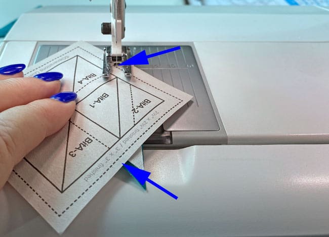 Stitch on the line between #1 and #2 starting and stopping a good 1/4" before and after the line