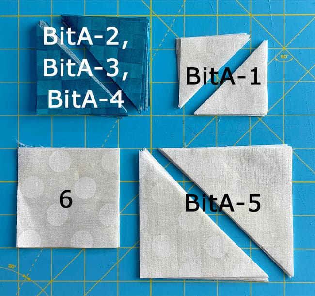 The patches after subcutting for our Sparkling Star quilt block