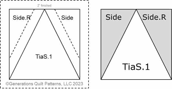 The Triangle in a Square unit from the pattern side (left) and the fabric side (right)