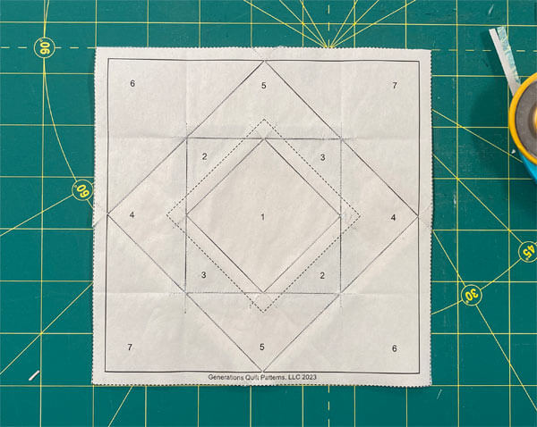 The Twelve Triangles block after all sides are trimmed, back side The Twelve Triangles block after all sides are trimmed, back side