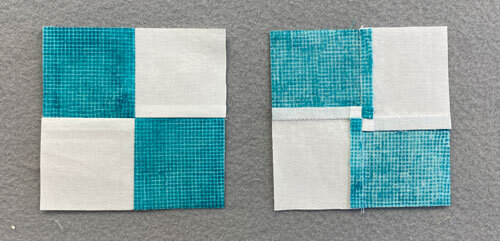 A 4-patch from the front and then from the back with its twirled or fanned seam allowances A 4-patch from the front and then from the back with its twirled or fanned seam allowances