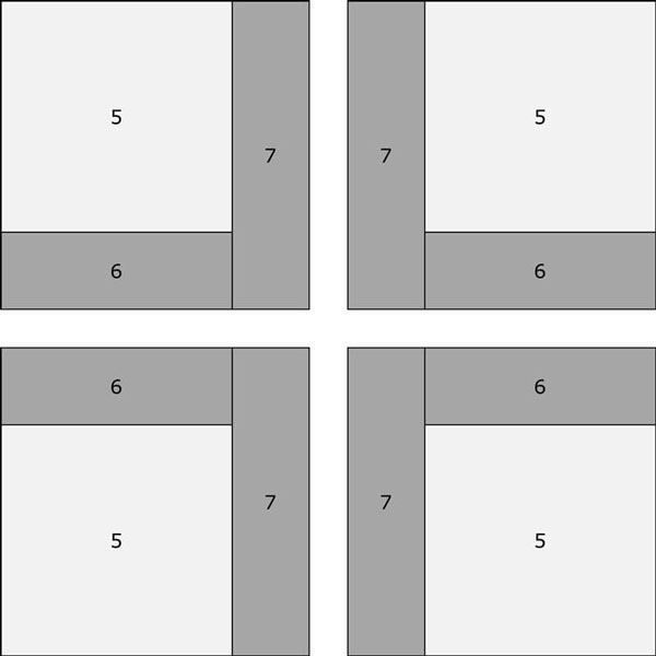 Layout of patches for Corner units using #5, #6, and #7 for directional fabrics