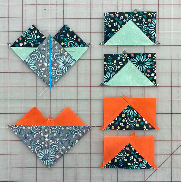 Press and cut in half between the stitching lines