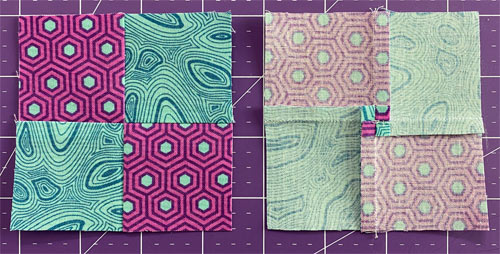 Front and back of a four patch with a twirled SA.